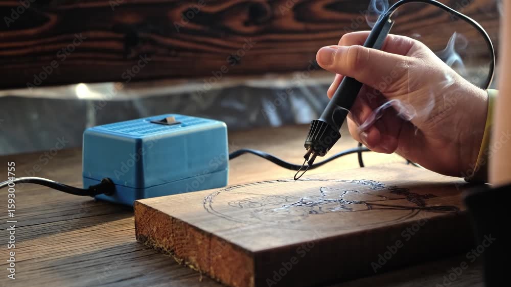 Burn out the picture. Woodburning or pyrography. An artist drawing on a wooden plank with pyrograph. Wood burning ASMR creative hobby. Art class workshop. Creative activity. High quality 4k footage.
