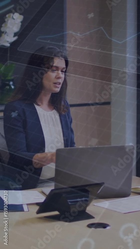 Discussing data analysis, business professionals in office with digital network animation