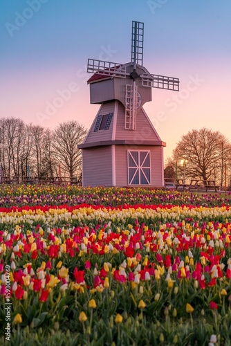 Vibrant Tulip Field and Wooden Windmill at Sunset