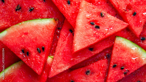 The photo shows many slices of watermelon arranged in an overlapping pattern, creating the illusion that they form one large slice