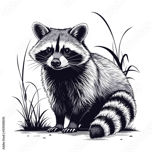 Raccoon in black and white style with nature background