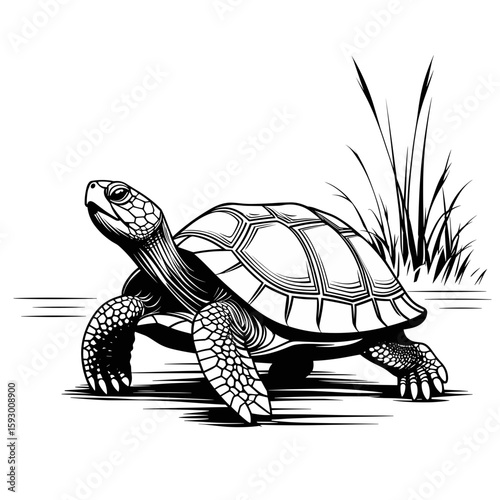 Tortoise in black and white style with grass background