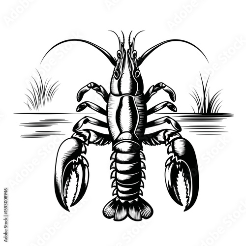 Lobster in black and white style with water and grass