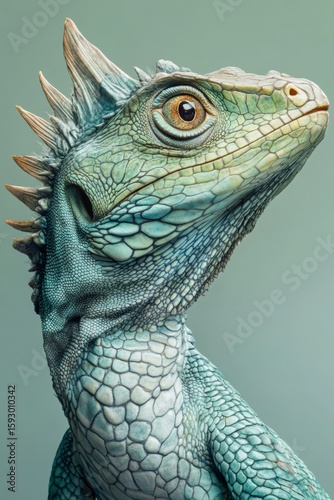 A crocodile monitor lizard with its mouth slightly open, showing sharp teeth and a bright orange eye.