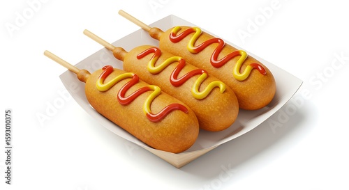 A paper tray with classic American corn dogs, golden and crispy, with mustard and ketchup drizzled on top, and wooden sticks visible — isolated on white with soft shadows.


