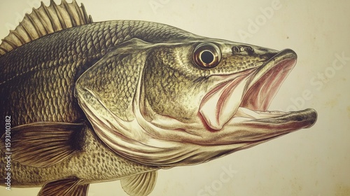 A large fish illustrated in black and white.