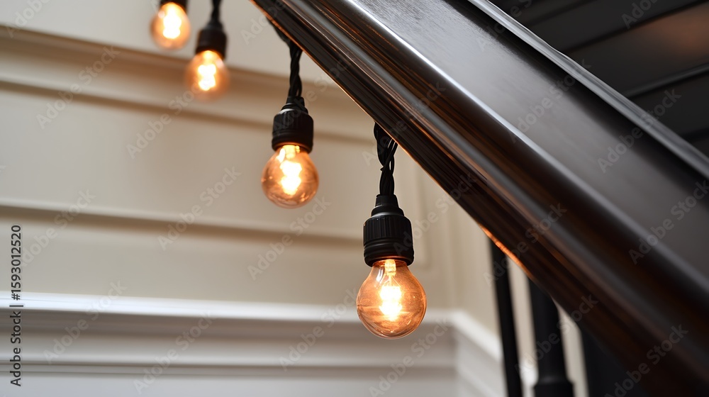 Obraz premium Warm Edison Bulbs String Lights on Dark Wood Railing