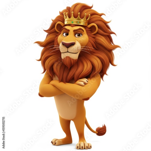 Cartoon Lion King with Golden Crown and Arms Crossed on White Background