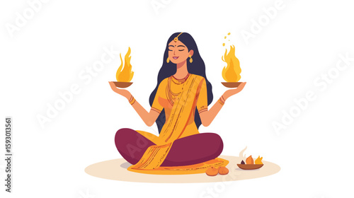 Hindu Woman Celebrating Havan Vector Illustration