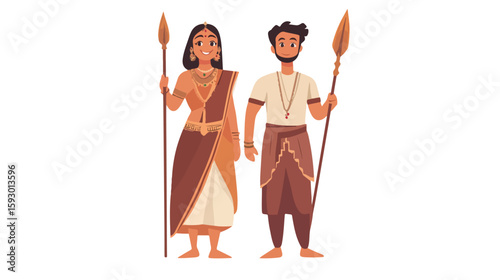 Indian couple with traditional sticks illustration