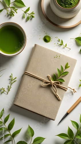 Matcha tea wellness journal and pen on white background for mindful journaling concept