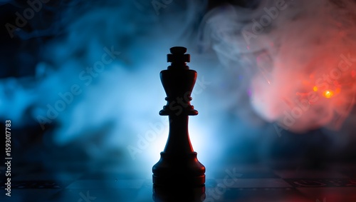 Chess king piece silhouette with dramatic lighting and smoke effect photography art