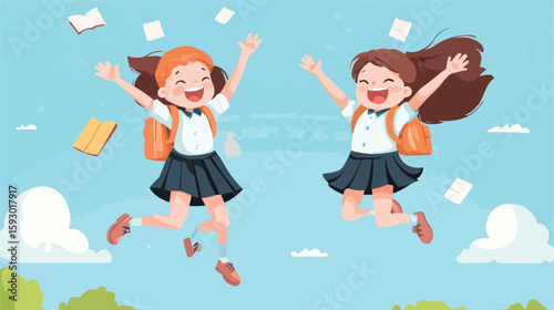 Joyful students jumping in unity