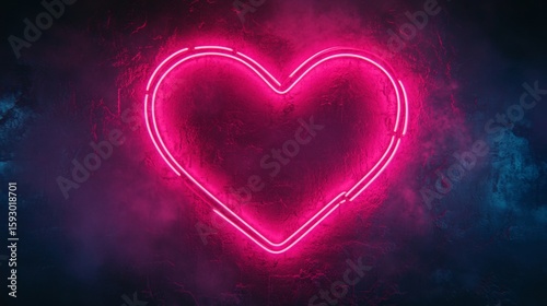Neon pink heart on a dark background.