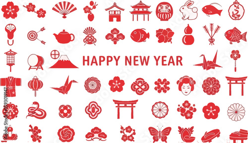 Collection of red japanese new year symbols and decorations
