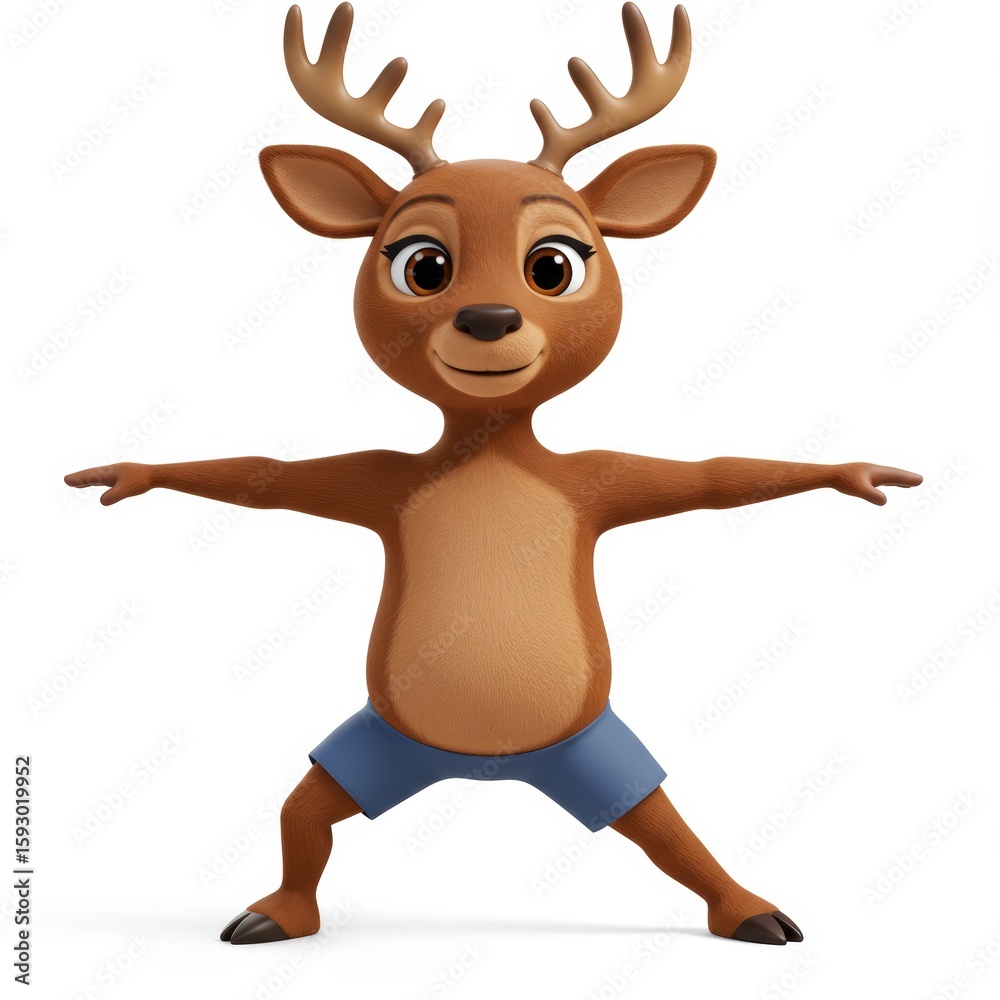 Obraz premium Animated Deer in Yoga Pose with Arms Outstretched, Isolated on White