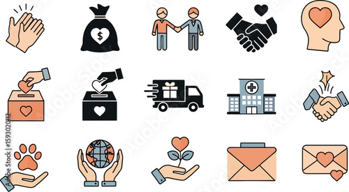 Volunteering and charity icons representing helping hands and donations