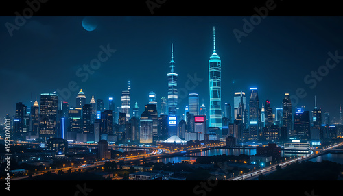 Wallpaper Mural Night Cityscape: Futuristic Metropolis Skyline Panorama AI Generated Torontodigital.ca