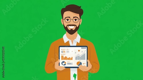 Smiling Cartoon Businessman Holding Tablet with Analytics on Green Screen