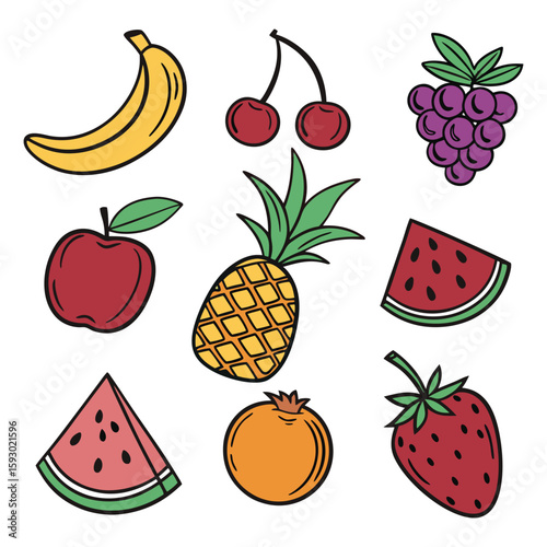 Set of fruits and berries, pineapple, cherry, banana, orange, fruits, icon, illustration, lemon, berry, grape, watermelon, healthy, fresh, collection, grapes, cartoon, plum, sweet