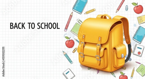 Yellow backpack on light background. Back to school concept