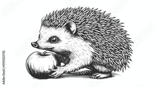 Cute Hedgehog Holding Apple in Monochrome