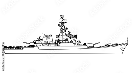 Destroyer ship in line art style, side view illustration, military naval design concept