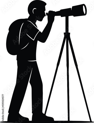 Silhouette birdwatcher with telescope tourist backpack vector illustrator