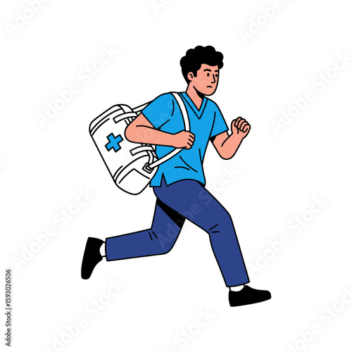 A young man with dark curly hair runs quickly with a medical bag slung over his shoulder.