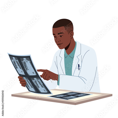 A young, dark-skinned male doctor in a white coat examines an X-ray image on a table, pointing at a specific area of interest.