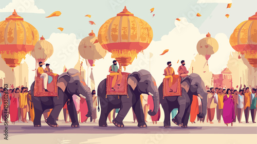Hindu Elephant Procession Vector Illustration