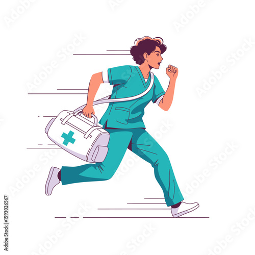 A female healthcare worker wearing scrubs is running urgently with a medical bag slung over her shoulder.