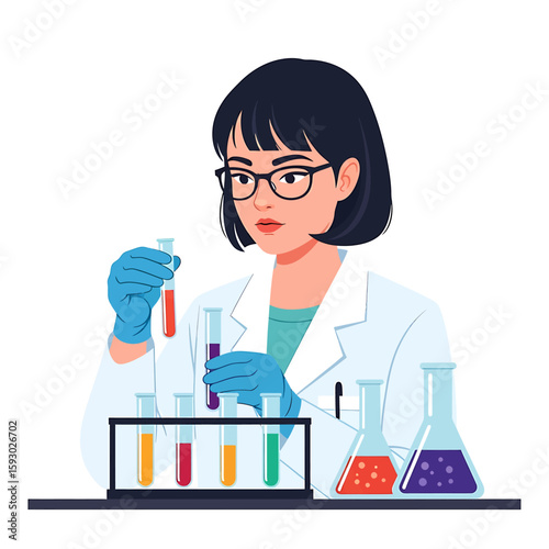 A female scientist in a lab coat and gloves examines test tubes with colorful liquids, with flasks on the table.