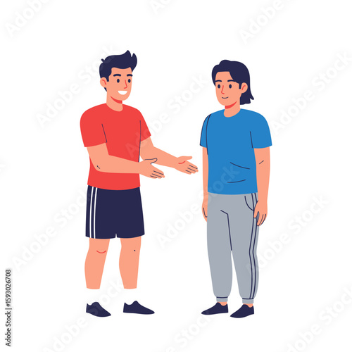 Two young men are facing each other, one is gesturing with open hands in a friendly manner.