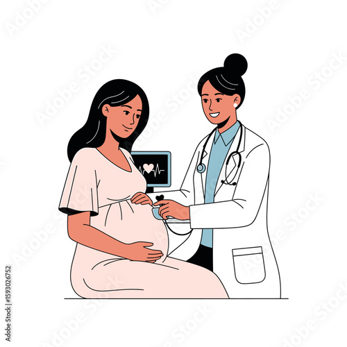 A pregnant woman sits while a doctor in a white coat examines her belly with a stethoscope. A monitor displays a heartbeat.