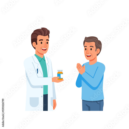 A friendly pharmacist in a white coat hands a prescription bottle to a smiling male patient on a white background.