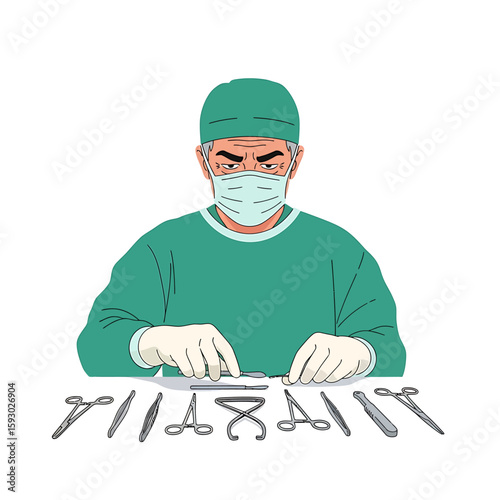 Surgeon in green scrubs and mask prepares surgical instruments on a table, looking focused and ready for the operation.