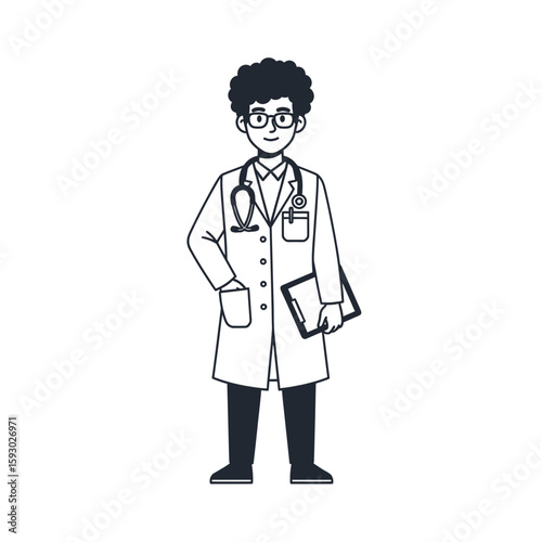 Illustration of a doctor with curly hair, wearing glasses and a lab coat, holding a clipboard, standing on a white background.