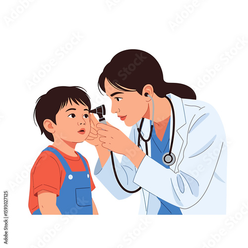 A female doctor examines a young boy's ear with an otoscope during a medical checkup.