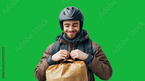 Happy Delivery Man in Helmet Holding Food Bag on Green Screen
