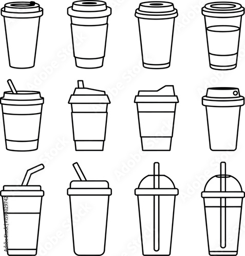 Collection of twelve black and white line art disposable beverage cups coffee cup take away cup