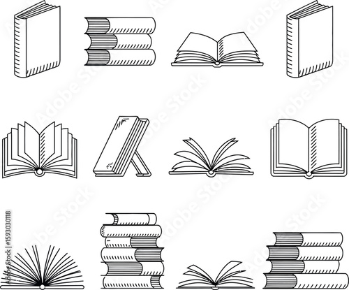 Collection of black and white line art illustrations of books in various open and closed positions open book