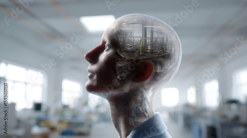 Human head double exposure with industrial factory setting