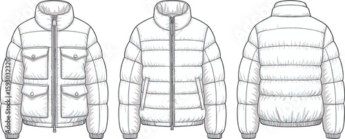Modern puffer jacket mockup, front side and back view, warm winter wear design, stylish outerwear template, insulated fashion apparel