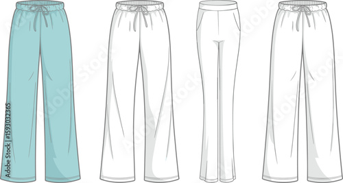 Pants and joggers mockup, front views, elastic waistband styles, fashion clothing template, technical illustration, detailed garment design, apparel layout