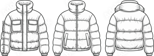 Stylish winter puffer jacket mockup, front and back views, warm outerwear design, detailed fashion illustration, padded clothing template, trendy apparel