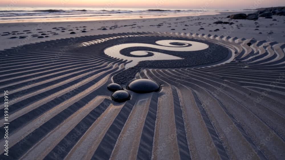 Yin Yang Symbol Crafted from Stones and Sand at Sunset