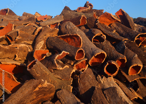 Portugal, Alentejo region. A huge pile of newly harvested cork oak bark drying in the late afternoon sunshine (unprocessed cork) Natural, sustainable resource harvested every 9 years. Selective focus.