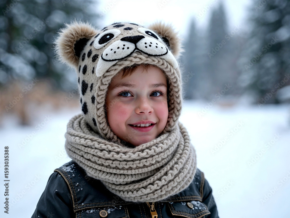 Obraz premium Happy little boy wearing funny lynx winter hat
