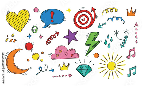 Colorful doodle elements with celestial and abstract shapes